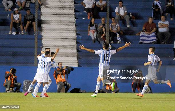 Players of Argentina celebrate the second goal of their team scored by Rodrigo Contreras during a match between Argentina and Brazil as part of South...