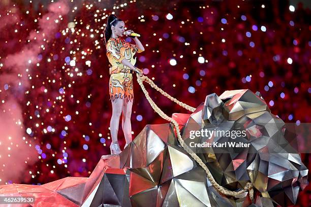 Recording artist Katy Perry performs onstage during the Pepsi Super Bowl XLIX Halftime Show at University of Phoenix Stadium on February 1, 2015 in...