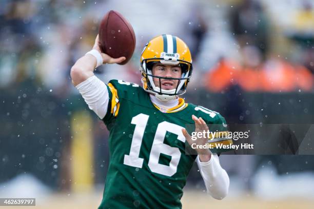 Scott Tolzien of the Green Bay Packers warming up before a game against the Pittsburgh Steelers at Lambeau Field on December 22, 2013 in Green Bay,...