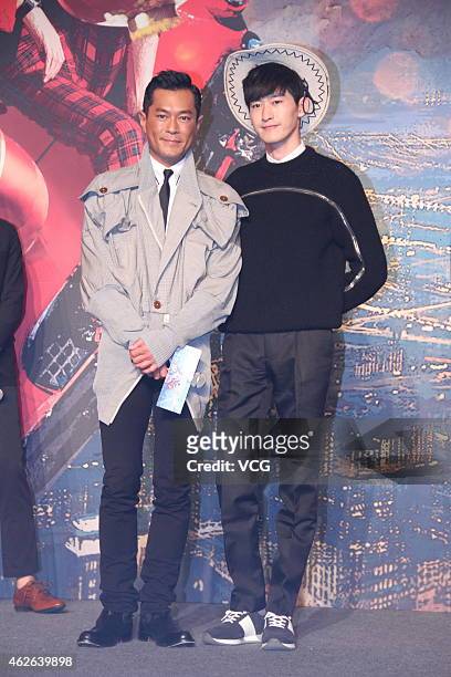 Actor Louis Koo and actor Hans Zhang attend Bak-Ming Wong and Herman Yau's film "An Inspector Calls" premiere press conference on February 1, 2015 in...