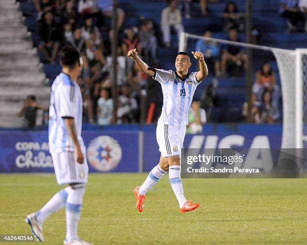 Rodrigo Contreras of Argentina celebrates after scoring the second goal of his team during a match between Argentina and Brazil as part of South...