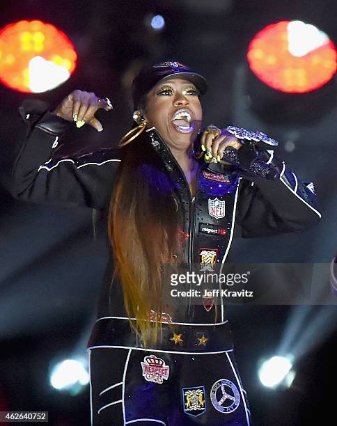 Recording artist Missy Elliott performs onstage during the Pepsi Super Bowl XLIX Halftime Show at University of Phoenix Stadium on February 1, 2015...