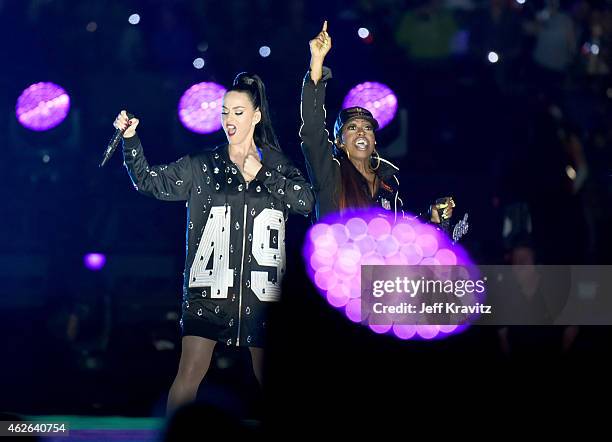 Recording artists Katy Perry and Missy Elliott perform onstage during the Pepsi Super Bowl XLIX Halftime Show at University of Phoenix Stadium on...