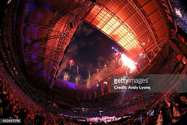 Fireworks explode as singer Katy Perry performs during the Pepsi Super Bowl XLIX Halftime Show at University of Phoenix Stadium on February 1, 2015...