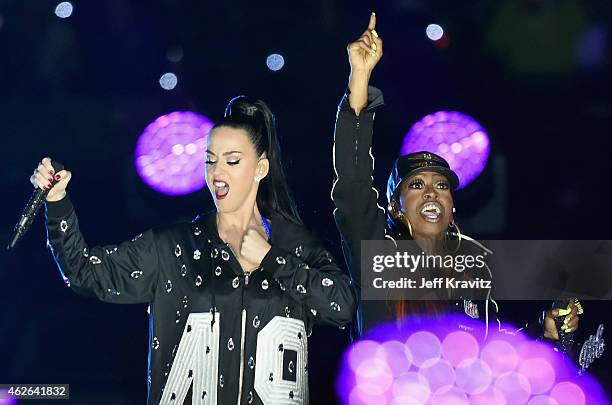 Recording artists Katy Perry and Missy Elliott perform onstage during the Pepsi Super Bowl XLIX Halftime Show at University of Phoenix Stadium on...