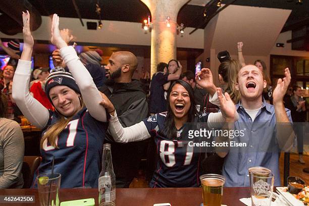 New England Patriots fans cheer after the Patriots took the lead in the fourth quarter in Super Bowl XLIX at Jerry Remy's Sports Bar February 1, 2015...