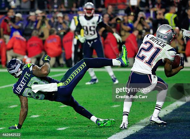 Malcolm Butler of the New England Patriots intercepts a pass by Russell Wilson of the Seattle Seahawks intended for Ricardo Lockette late in the...