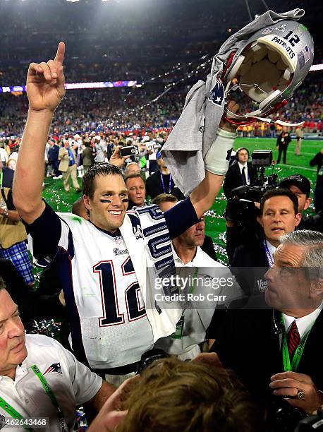 Tom Brady of the New England Patriots celebrates after defeating the Seattle Seahawks during Super Bowl XLIX at University of Phoenix Stadium on...
