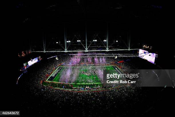 The New England Patriots celebrates their 28-24 win over the Seattle Seahawks during Super Bowl XLIX at University of Phoenix Stadium on February 1,...