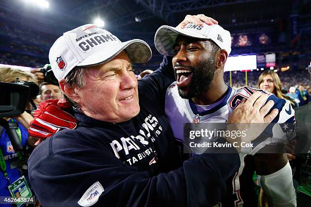 Head coach Bill Belichick of the New England Patriots celebrates with Darrelle Revis after defeating the Seattle Seahawks during Super Bowl XLIX at...