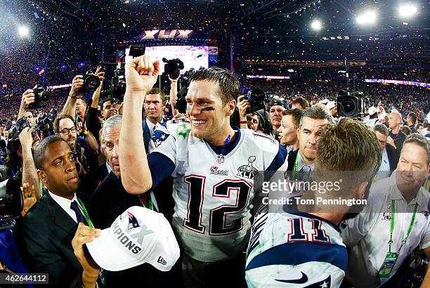 Tom Brady of the New England Patriots celebrates after defeating the Seattle Seahawks 28-24 during Super Bowl XLIX at University of Phoenix Stadium...
