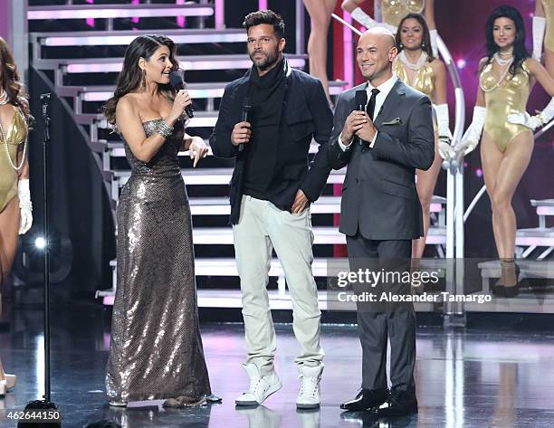 Chiquinquira Delgado, Ricky Martin and Javier Poza are seen on Nuestra Belleza Latina at Univision Studios on February 1, 2015 in Miami, Florida.