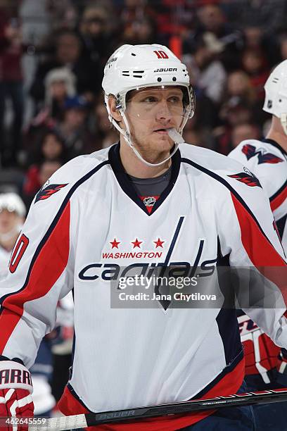 Martin Erat of the Washington Capitals looks on with his mouthguard sticking out during an NHL game against the Ottawa Senators at Canadian Tire...