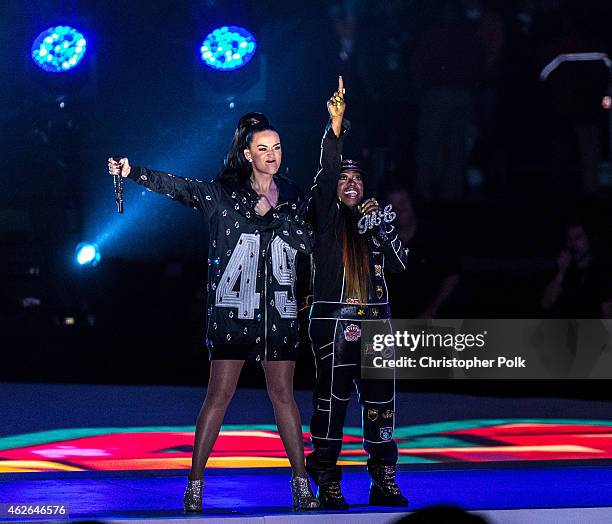 Recording artists Katy Perry and Missy Elliott perform onstage during the Pepsi Super Bowl XLIX Halftime Show at University of Phoenix Stadium on...