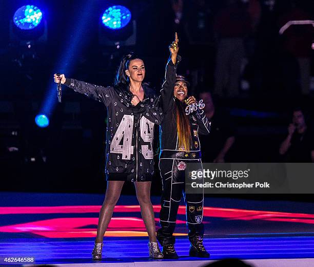 Recording artists Katy Perry and Missy Elliott perform onstage during the Pepsi Super Bowl XLIX Halftime Show at University of Phoenix Stadium on...