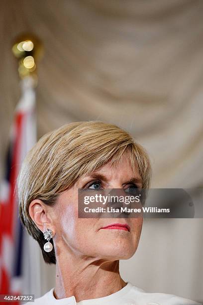 Australian Minister for Foreign Affairs, Julie Bishop addresses the media during a press conference for AUKMIN at Admiralty House on February 2, 2015...