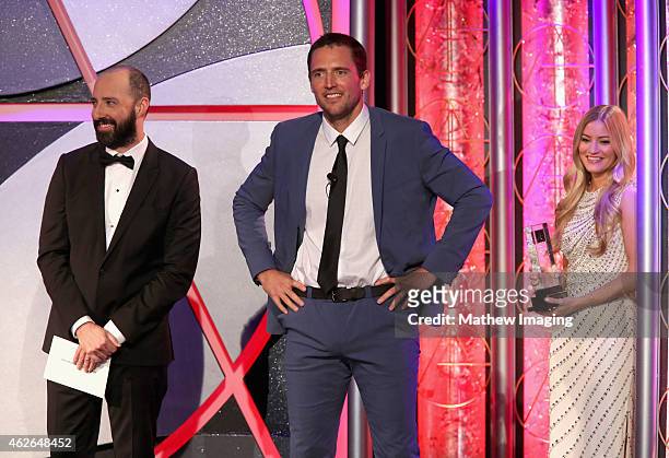 Presenter Tony Hale, Host Owen Benjamin and iJustine onstage during the 19th Annual Art Directors Guild Excellence In Production Design Awards at The...