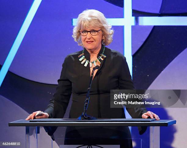 Art Directors Guild President Mimi Gramatky speaks onstage during the 19th Annual Art Directors Guild Excellence In Production Design Awards at The...