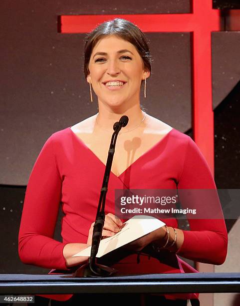 Presenter Mayim Bialik speaks onstage during the 19th Annual Art Directors Guild Excellence In Production Design Awards at The Beverly Hilton Hotel...