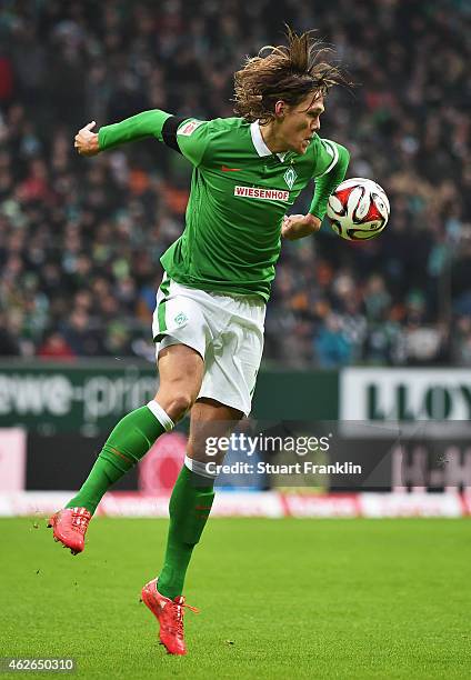 Jannik Vestergaard of Bremen in action on his debut during the Bundesliga match between SV Werder Bremen and Hertha BSC at Weserstadion on February...