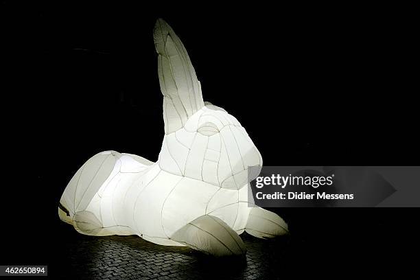 Huge, radiant white rabbits, made by Amanda Parer, that seem sweet in the white light are shown as part of the Ghent lightfestival on January 29,...