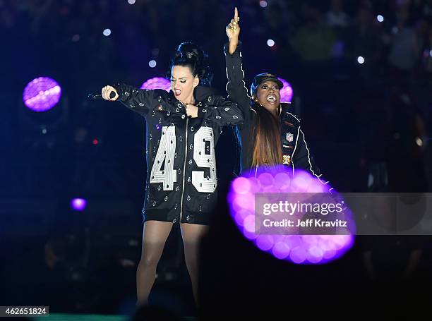 Katy Perry and Missy Elliott performs during the Pepsi Super Bowl XLIX Halftime Show at University of Phoenix Stadium on February 1, 2015 in...