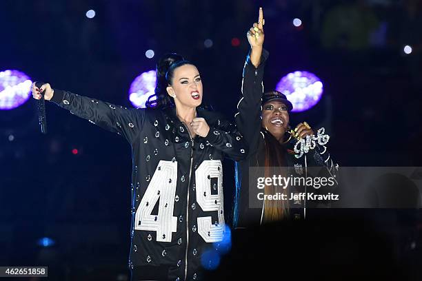 Katy Perry and Missy Elliott performs during the Pepsi Super Bowl XLIX Halftime Show at University of Phoenix Stadium on February 1, 2015 in...