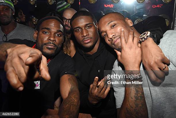 Stevie J, running back Reggie Bush of the Detroit Lions and linebacker Shaun Phillips of the Indianapolis Colts attend "LIV on Sundays" presented by...