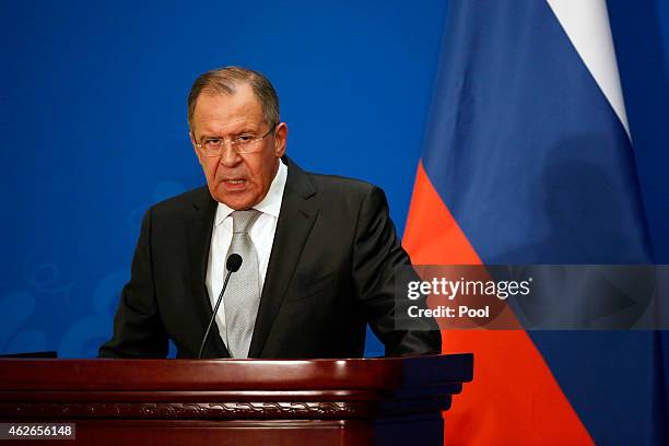 Russian Foreign Minister Sergei Lavrov attends the press conference after the 13th trilateral meeting of Foreign Ministers from Russia, India and...