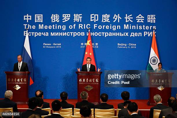 Russian Foreign Minister Sergei Lavrov , Chinese Foreign Minister Wang Yi and Indian Foreign Minister Sushma Swaraj attend the press conference after...