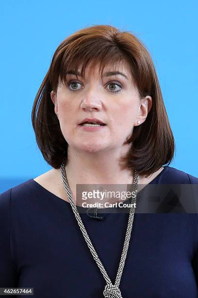 Education Secretary, Nicky Morgan, speaks during a visit with Prime Minister David Cameron to Kingsmead School on February 2, 2015 in north London,...