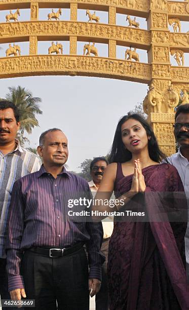 Indian diplomat Devyani Khobragade with her father Uttam Khobragade visits Chaitya Bhoomi, a memorial to Indian freedom fighter BR Ambedkar, on...