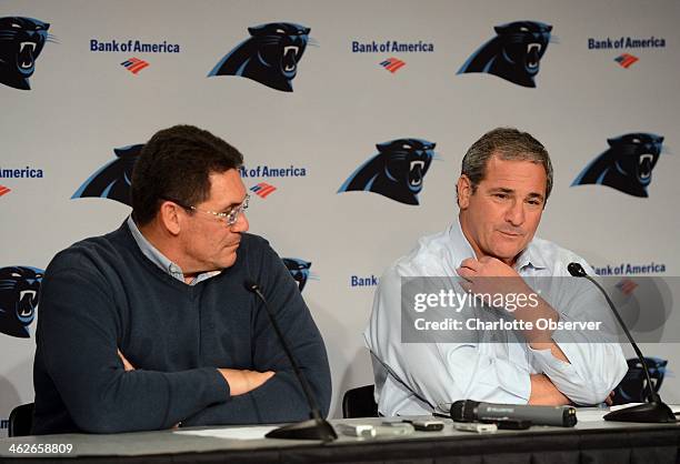 Carolina Panthers head coach Ron Rivera and general manager Dave Gettleman address questions from the media during a press conference on Tuesday,...