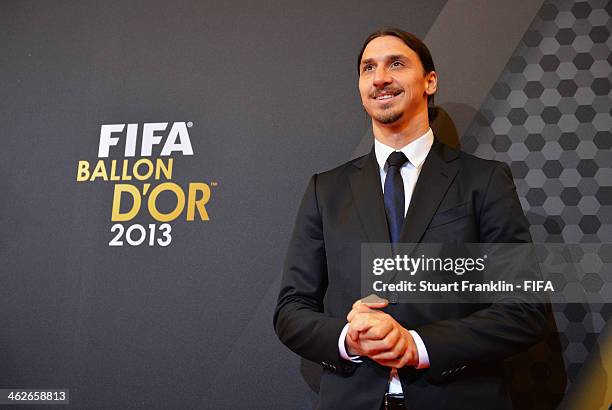 Puskas Award nominee Zlatan Ibrahimovic of Sweden and Paris Saint-Germain arrives for the FIFA Ballon d'Or Gala 2013 at the Kongresshaus on January...