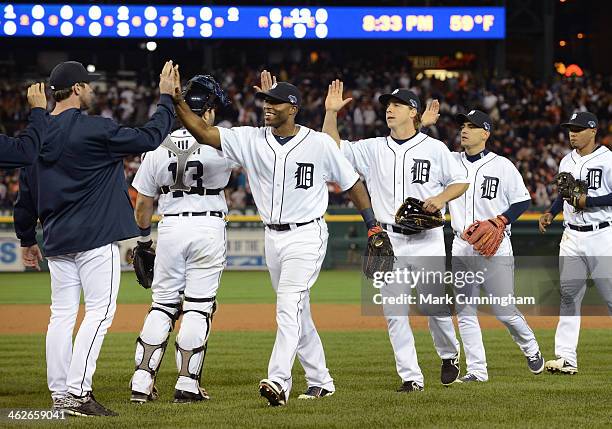 Detroit Tigers players celebrate the victory in Game Four of the American League Division Series against the Oakland Athletics at Comerica Park on...