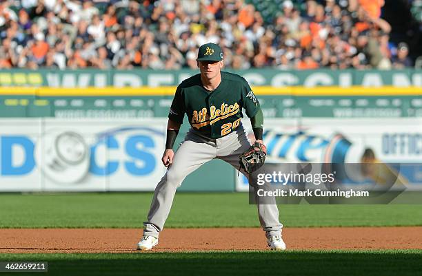 Josh Donaldson of the Oakland Athletics fields during Game Four of the American League Division Series against the Detroit Tigers at Comerica Park on...