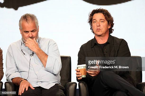 Peter O'Fallon, Co-Creator/Executive Producer and Chris Case, Co-Executive Producer of the television show 'Legit" speak onstage during the FX...