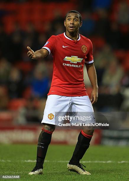 Anderson of Man Utd gestures during the Barclays U21 Premier League match between Manchester United and Liverpool at Leigh Sports Village on January...