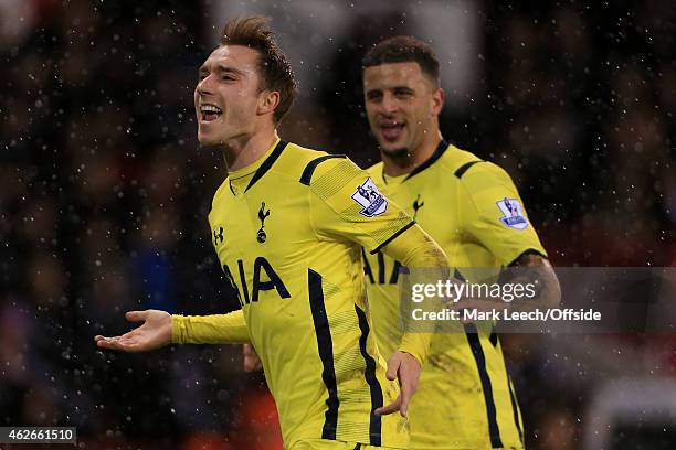 Christian Eriksen of Spurs celebrates after scoring their 1st goal during the Capital One Cup Semi-Final Second Leg match between Sheffield United...