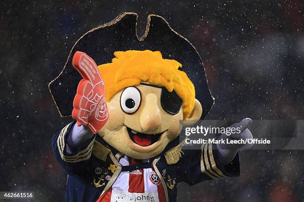 Sheffield Utd mascot Captain Blade gestures ahead of the Capital One Cup Semi-Final Second Leg match between Sheffield United and Tottenham Hotspur...