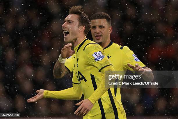 Christian Eriksen of Spurs celebrates after scoring their 1st goal during the Capital One Cup Semi-Final Second Leg match between Sheffield United...