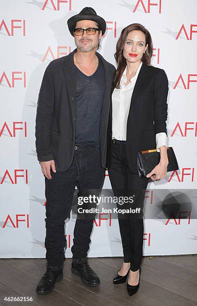 Brad Pitt and Angelina Jolie arrive at the 15th Annual AFI Awards at Four Seasons Hotel Los Angeles at Beverly Hills on January 9, 2015 in Beverly...