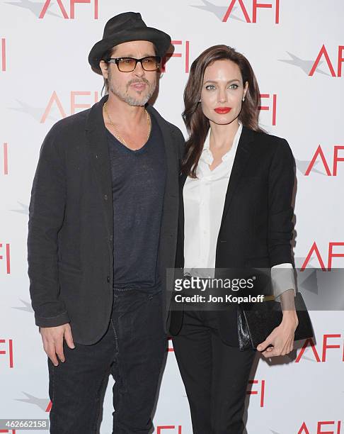 Brad Pitt and Angelina Jolie arrive at the 15th Annual AFI Awards at Four Seasons Hotel Los Angeles at Beverly Hills on January 9, 2015 in Beverly...