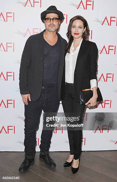 Brad Pitt and Angelina Jolie arrive at the 15th Annual AFI Awards at Four Seasons Hotel Los Angeles at Beverly Hills on January 9, 2015 in Beverly...