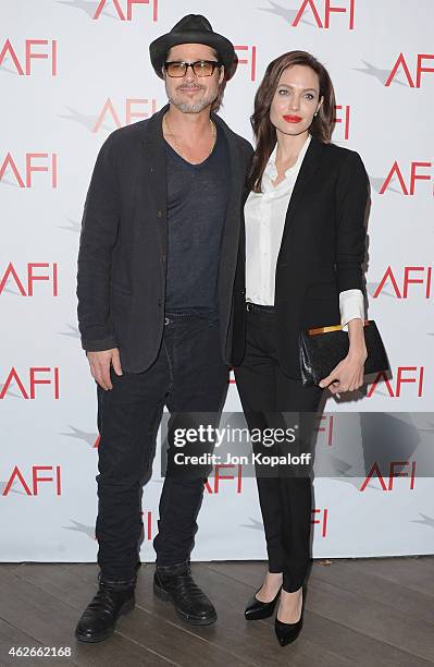 Brad Pitt and Angelina Jolie arrive at the 15th Annual AFI Awards at Four Seasons Hotel Los Angeles at Beverly Hills on January 9, 2015 in Beverly...