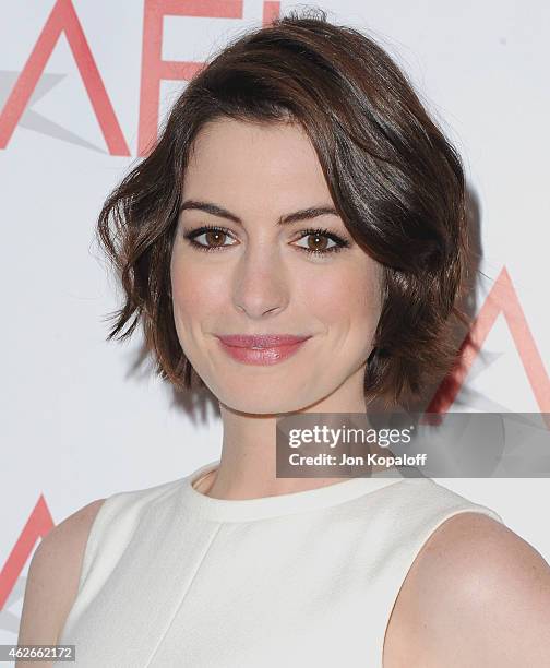 Actress Anne Hathaway arrives at the 15th Annual AFI Awards at Four Seasons Hotel Los Angeles at Beverly Hills on January 9, 2015 in Beverly Hills,...