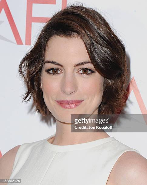 Actress Anne Hathaway arrives at the 15th Annual AFI Awards at Four Seasons Hotel Los Angeles at Beverly Hills on January 9, 2015 in Beverly Hills,...