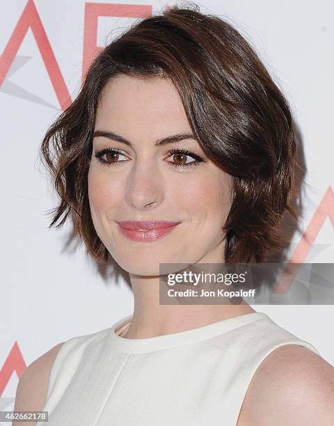 Actress Anne Hathaway arrives at the 15th Annual AFI Awards at Four Seasons Hotel Los Angeles at Beverly Hills on January 9, 2015 in Beverly Hills,...