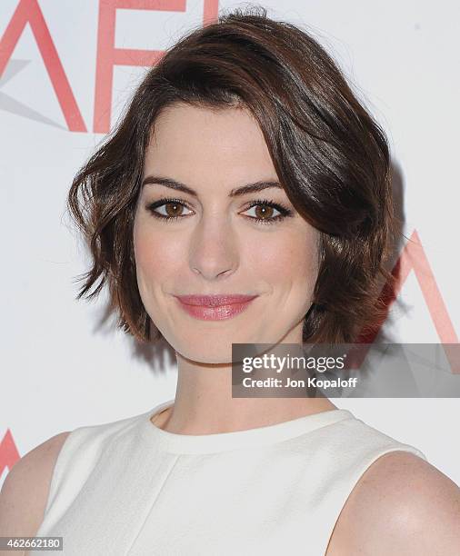 Actress Anne Hathaway arrives at the 15th Annual AFI Awards at Four Seasons Hotel Los Angeles at Beverly Hills on January 9, 2015 in Beverly Hills,...