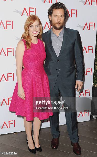 Actress Jessica Chastain and actor Matthew McConaughey arrive at the 15th Annual AFI Awards at Four Seasons Hotel Los Angeles at Beverly Hills on...